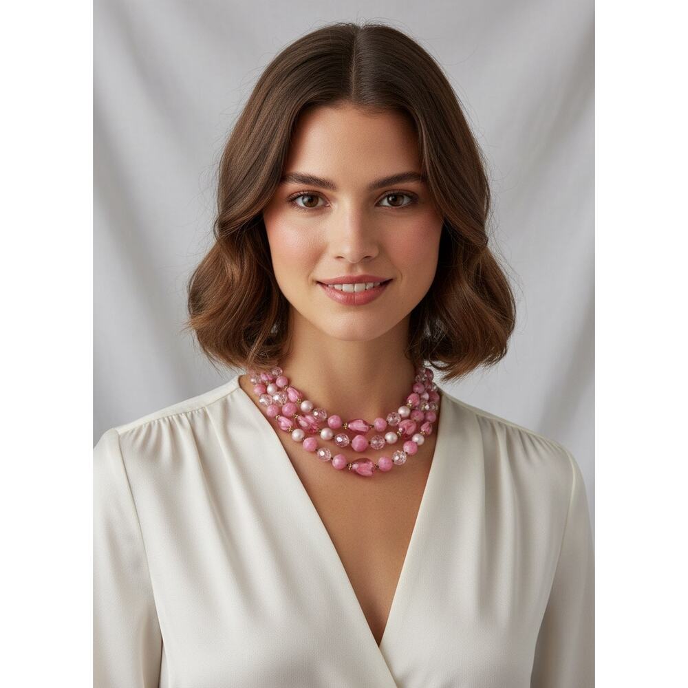 Vintage West Germany Pink Multi-Strand Beaded Necklace | 1950s–1960s - Picture 2 of 7